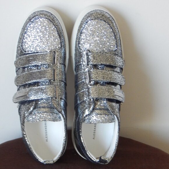 Alessandro Dell’ Acqua Leather Low Top Glitter Silver Sneaker Shoe US 8.5B NIB - Picture 11 of 15